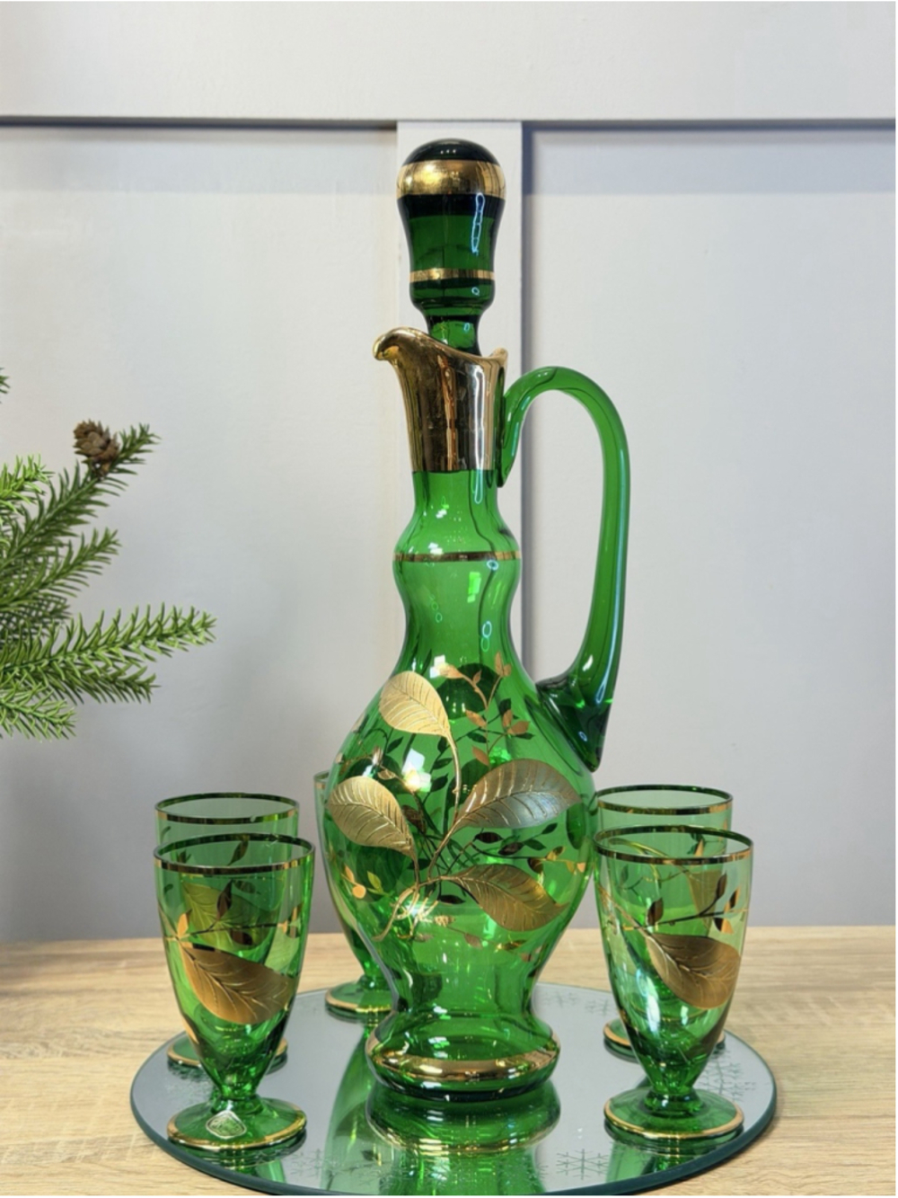 1950 Vintage Hand Painted 24k Gold Vibrant Green Romanian Decanter And 5 Glasses